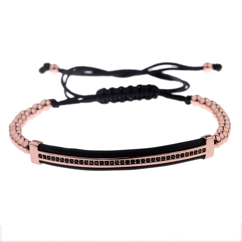 Rose Gold 1 Роскошный черный браслет мужской черный CZ Длинные трубки и 4 мм медные бусины браслет для женщин ювелирные изделия - Окраска металла: Rose Gold 1