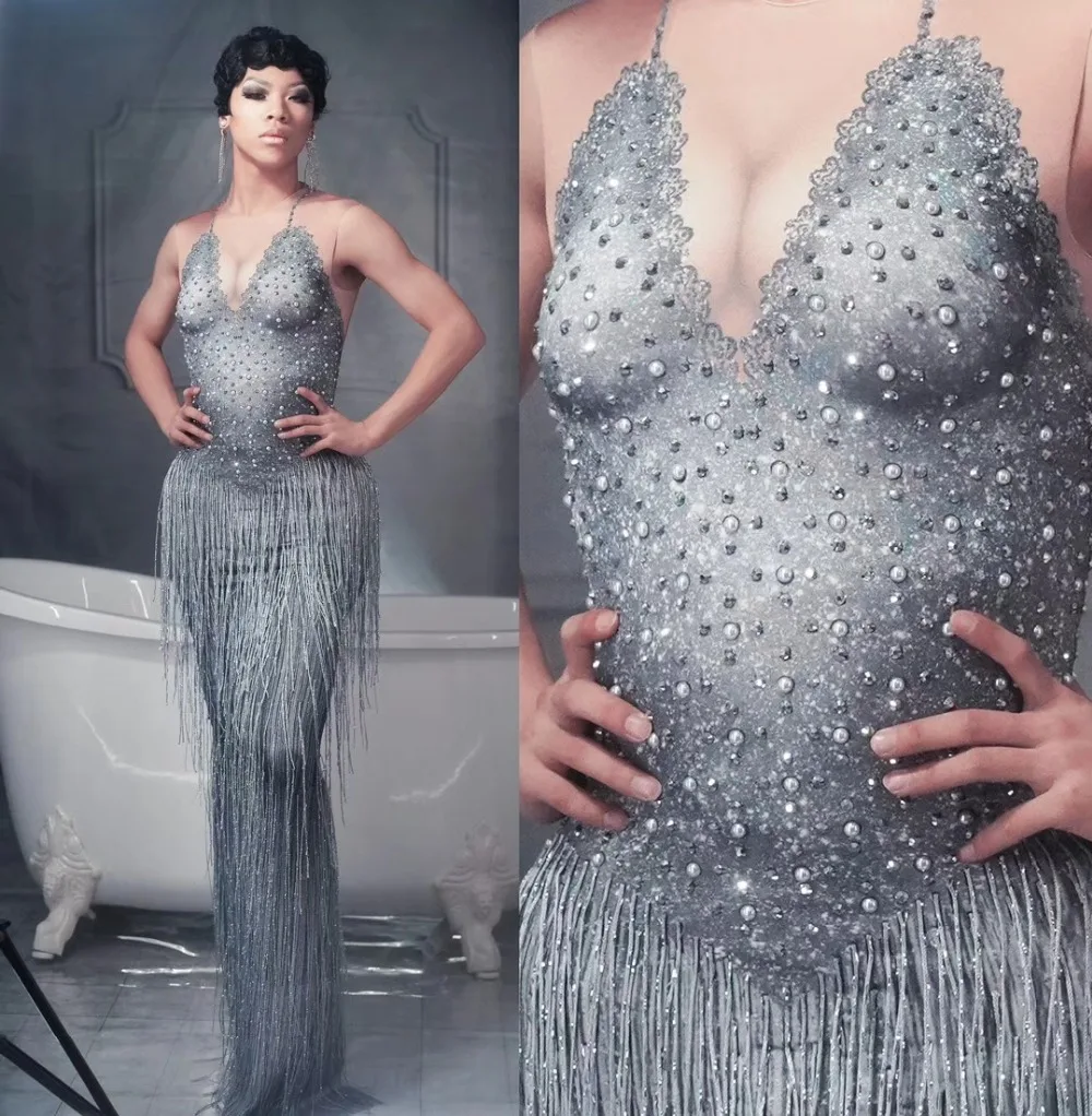 

Female Birthday Party Gray Tassels Crystals Long Dress Sexy Nightclub Singer Stage Wear Evening Performance Host Costume Dresses