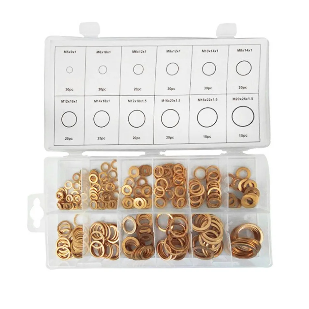 

280pcs Copper Washers Set 12 Sizes Solid Assorted Copper Gasket Washers Sump Plug Sealing Ring Set With Case Assortment Kit
