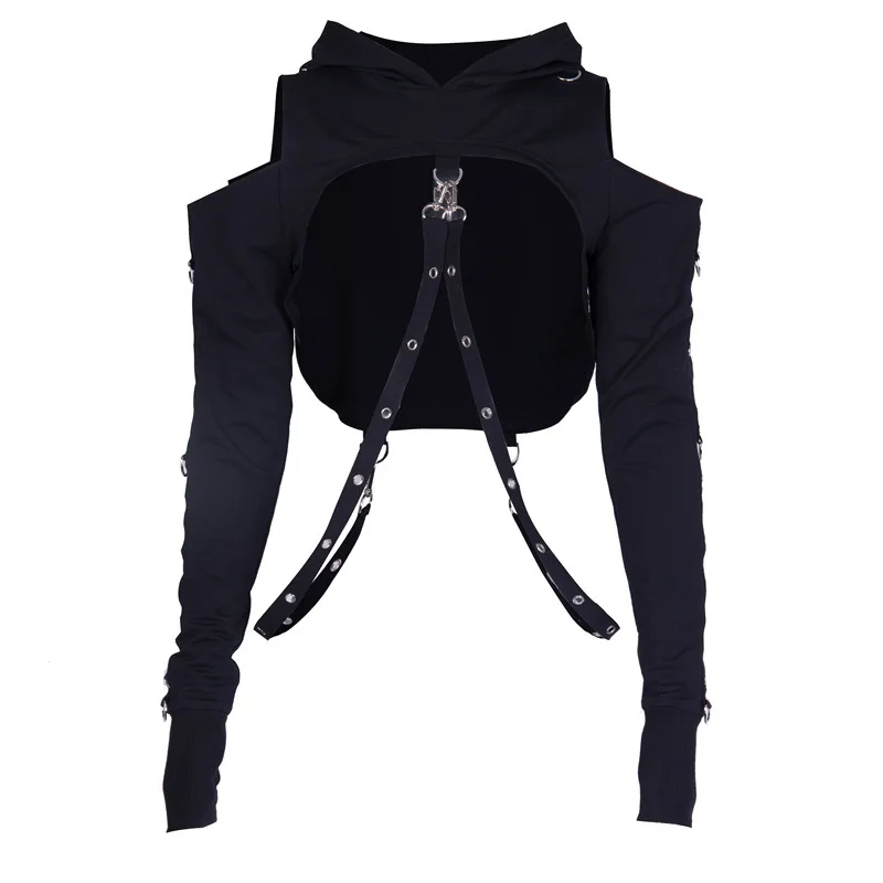 

Sexy LADY Cold Shoulder Hoodies Gothic Women Cosplay Long Sleeve Club Crop Tops