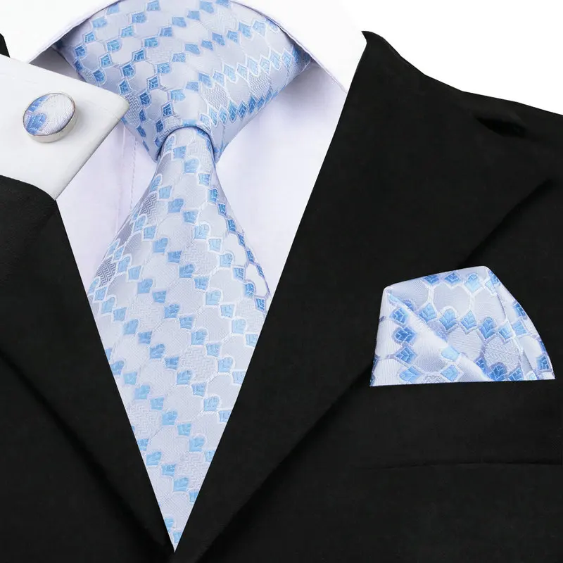 SN 990 Blue White Plaid Tie Hanky Cufflinks Sets Men's 100 Silk Ties