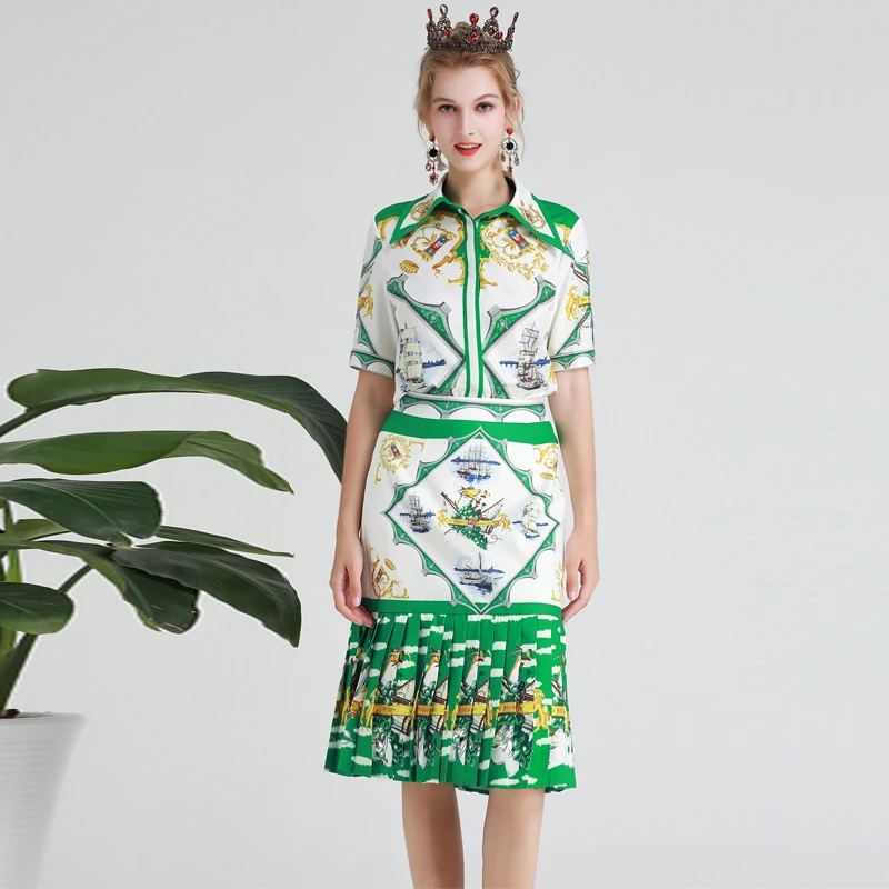 

Red RoosaRosee Runway Designer Fashion Women 2 Piece Skirt Set Beads Green Print Long Shirt Tops + Pleated Skirt Summer Suits