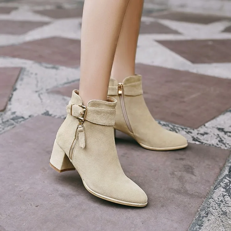 2016 New Winter Pointed Toe Booties For Womens Chunky Buckle Ankle Boots Black Leather High Heeled Shoes High Quality
