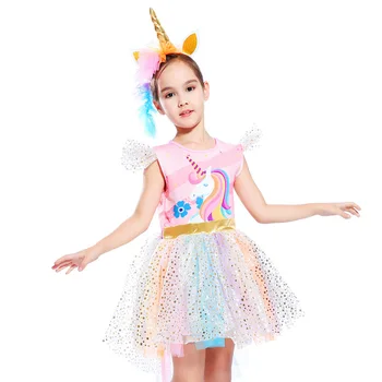 

Children's costume 2019 new female flying sleeve unicorn dress princess pontoon dress Girls Dresses