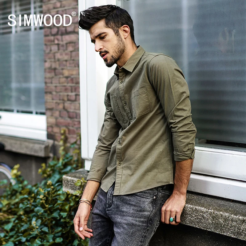 

SIMWOOD 2019 autumn Winter Casual Shirts Men Slim Fit Vintage 100% Cotton Shirt Male Long Sleeve Brand Clothing CC017019