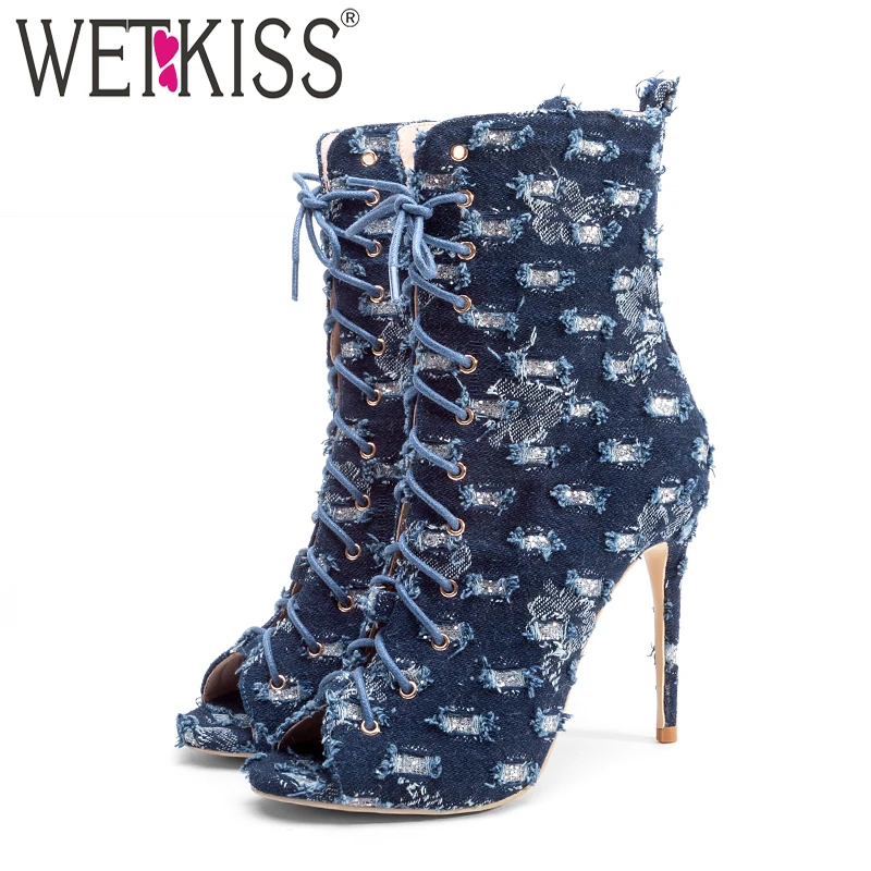 

WETKISS Sexy Denim Women Boots Peep Toe High Heels Footwear Holed Fashion Ankle Boots Stretch Ripped Female Shoes 2019 Spring