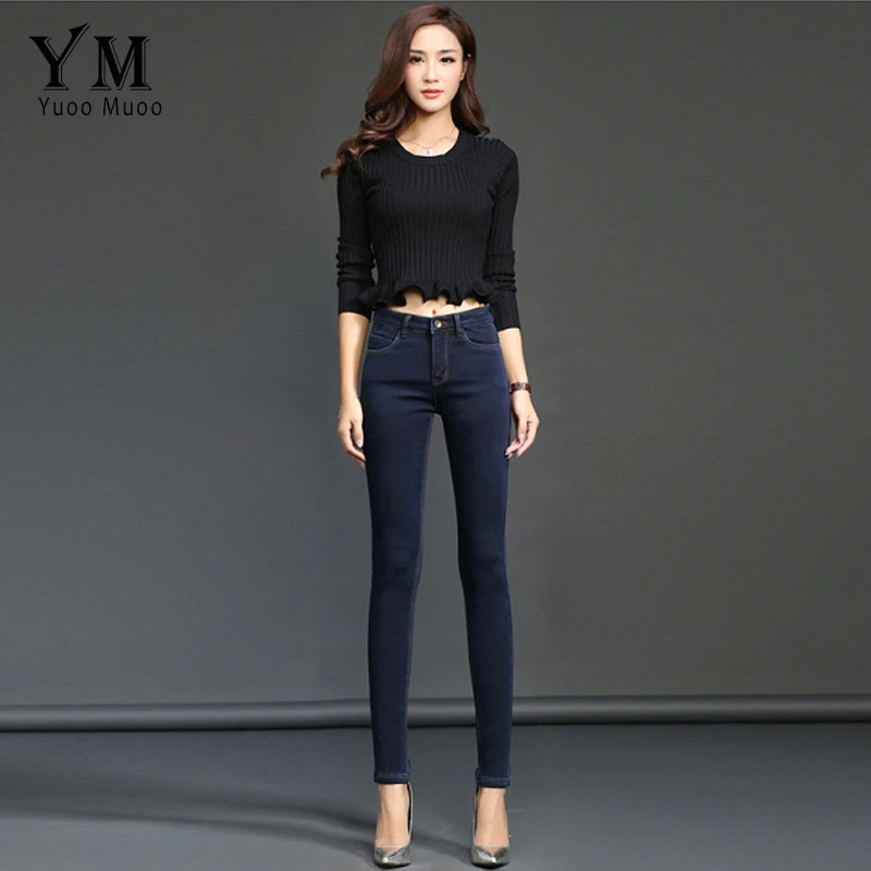 YuooMuoo New Velvet Thicken Warm Winter Jeans for Women Female Stretch Simple Pencil Jeans Femme High Street Fashion Denim Pants