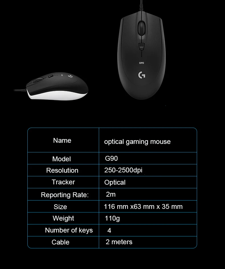 Проводная игровая мышь logitech G90 250-2500 dpi для ноутбука, ПК, геймера, Delta Zero, компьютерная мышь, мыши