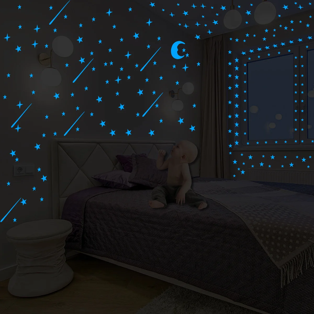 3D Sticker Green Night Star Moon Meteor Composition  Wall Paste Livinghome Decoration Accessories