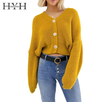 

HYH Haoyihui New Fashion Simple Commuter Witty Hot Sale Ladies Casual Fit Simplicity temperament elegant short button sweater