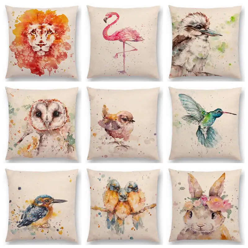 

Watercolor Animals Robin Flamingos Kookaburras Lion Flowers Butterfly Ladybug Lane Bird Wren Beautiful Cushion Cover Pillow Case