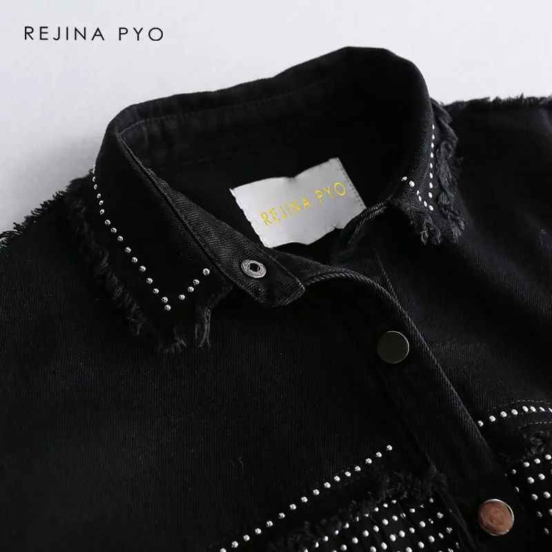 REJINAPYO النساء الأسود عالية الجودة فضفاض الدنيم سترة معطف مطرزة شرابات الشارع الشهير كل مباراة العقلية المغطاة زر قميص