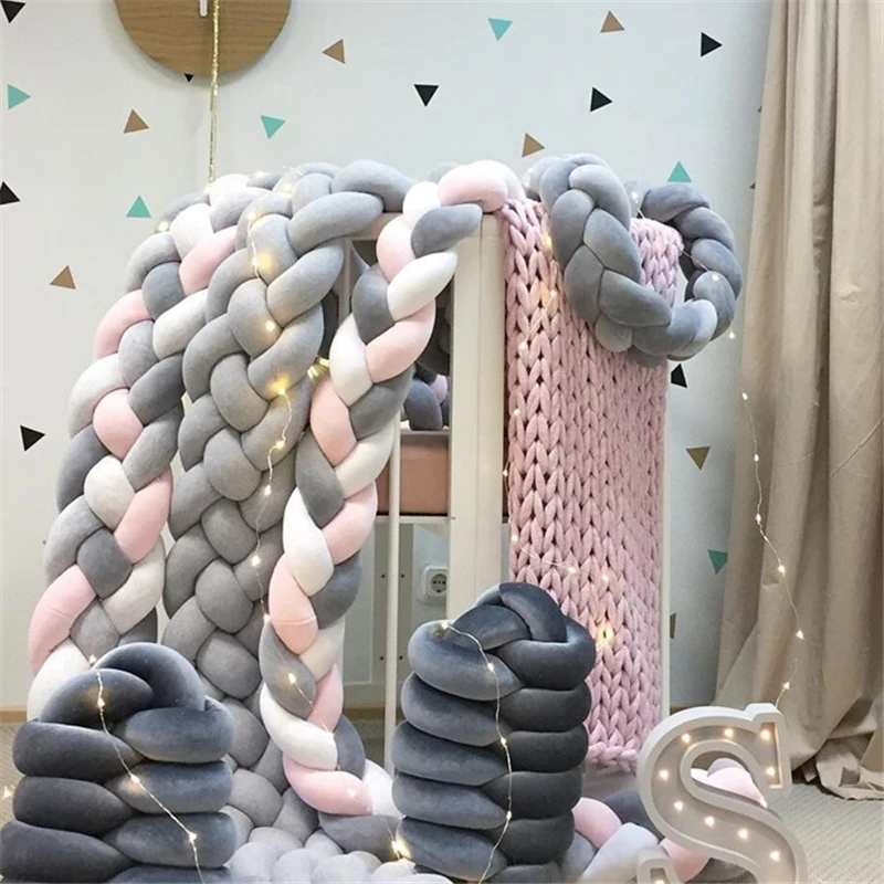 1M/2M/3M Baby Braided Crib Bumpers Knot Pillow Cushion, Four Tied Newborn Nursery bedding,Cot Room Dector