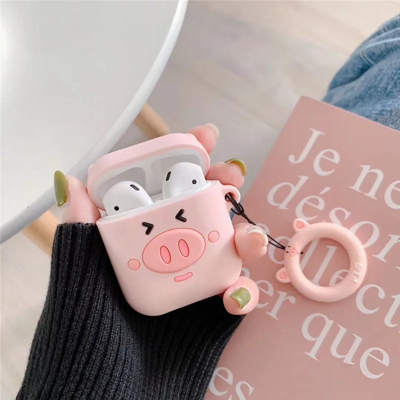 For AirPods Case Cute Cartoon Pink Pig Girl Earphone Cases For Apple Airpods 2 Cover Funda with Finger Ring Strap