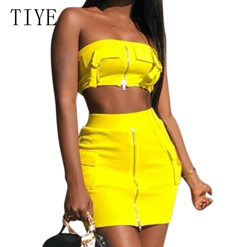 

TIYE Yellow 2 Piece Sets Zipper Dress Summer Sexy Strapless Bodycon Mini Dresses Night Party Club Vestidos Wrap Retro Dress