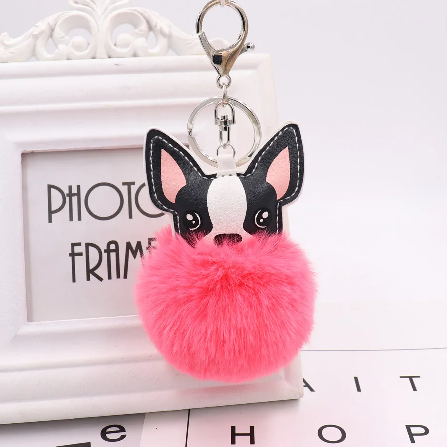 Fluffy Rabbit Fur Ball French Bulldog Keychain Pompom Key Chain Pu Leather Animal Dog Keyring Holder Bag Charm Trinket Chaveiros