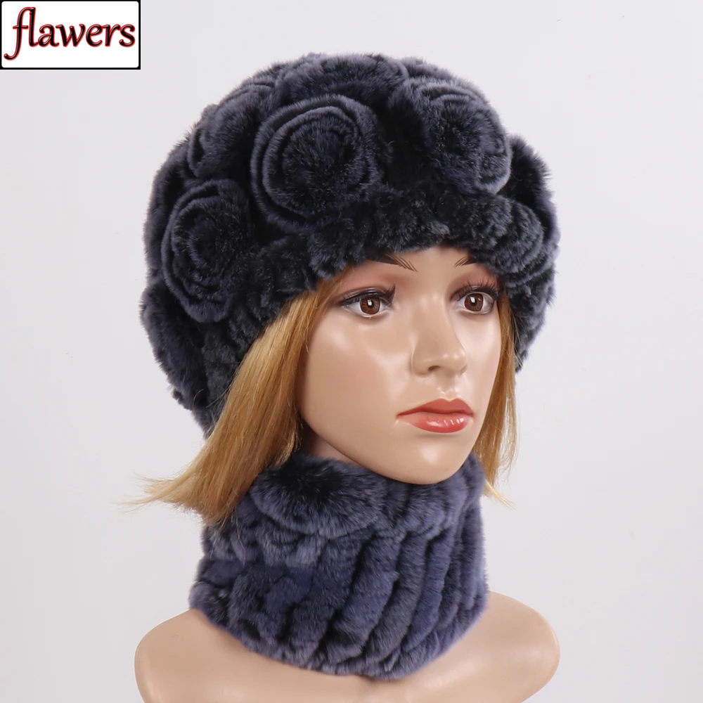 

Winter Genuine Fur Scarf Hat Sets Women Good Elastic Knitted Real Rex Rabbit Fur Scarves Hats Lady 100% Natural Fur Scarves Caps