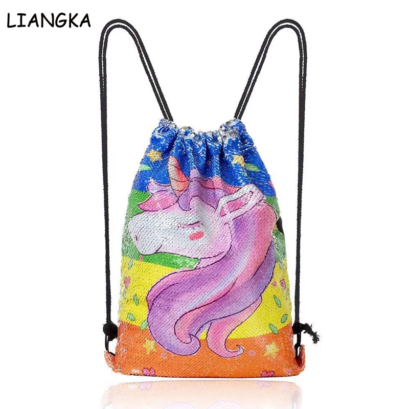 LIANGKA New Horse Sequins Modis Unicorn Bag Women Teenager Drawstring Bag Toddler Girls Magic Reversible Backpacks Mochila