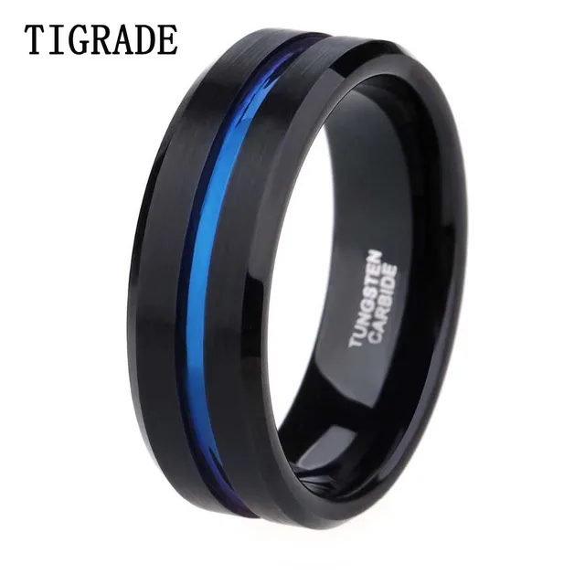 8mm Men Black Tungsten Carbide Ring Thin Blue Line Wedding Band 8mm Men Black Tungsten Carbide Ring Thin Blue Line Wedding Band Vintage Jewelry Anime Anel