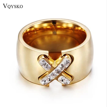 

New Arrival Gold-Color Ring Bijoux 14mm Width Big Pave Setting CZ Cross X Ring For Women Trendy Fashion Jewelry Wholesale Gift