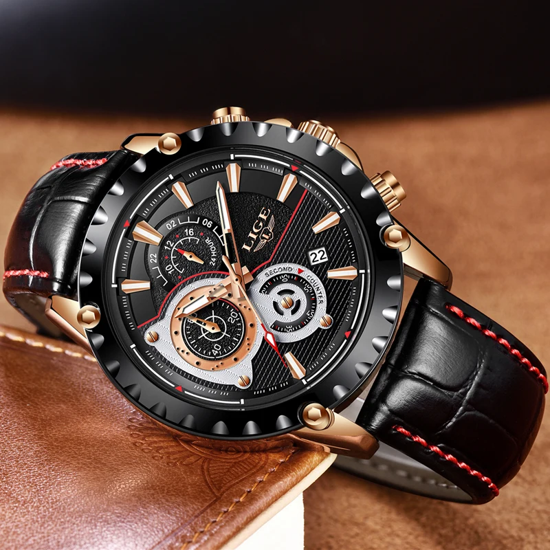 LIGE Mens Watches Top Brand Luxury Quartz Gold Watch Men Casual Leather Military Waterproof Sport Wrist Watch Relogio Masculino