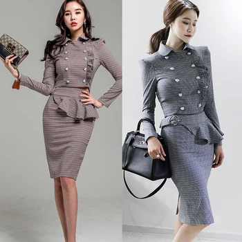 

New autumn 2018 Korean fashion double-breasted coat crop top & skirt suit OL vogue lady ruffles outfit design