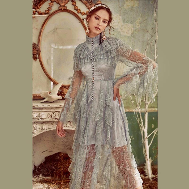 

2019 Summer Designer Lace Ruffles High Waist Woman Maxi Dress Long Sleeve Pearl Decoration Elegant Sweet Dress Holiday Vestidos