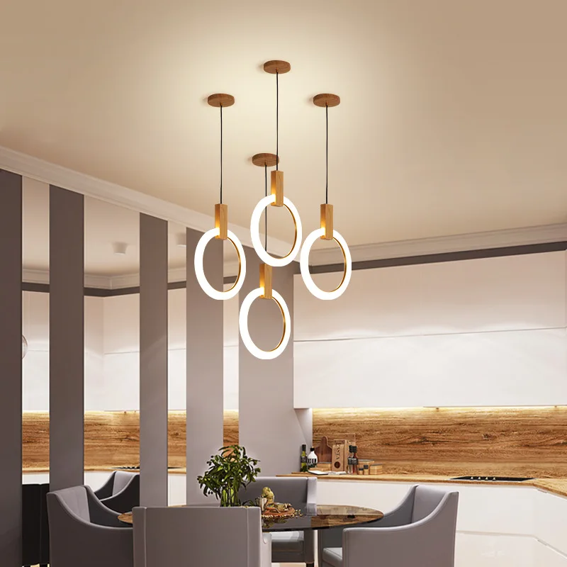 

LukLoy Nordic Chandelier Simple Creative Ring Solid Wood LED Pendant Bedroom Lamp Duplex Building Villa Stairwell Long Light