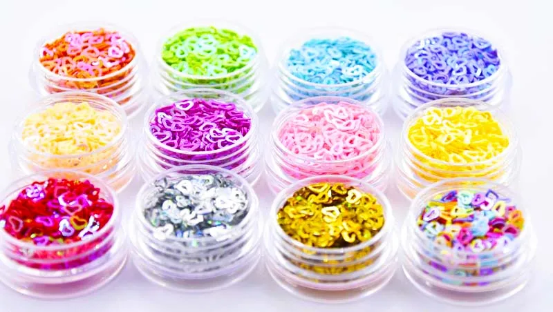 

12 pots in ONE 12 Colours Valentines Nail Art HOLLOW HEART Shape Spangles Glitter Holographic