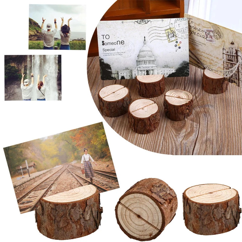 

10 pcs/lot Wooden Stump Picture Stand Table Number Stand Place Name Memo Card Holder Photo Clip Wedding Home Decoration