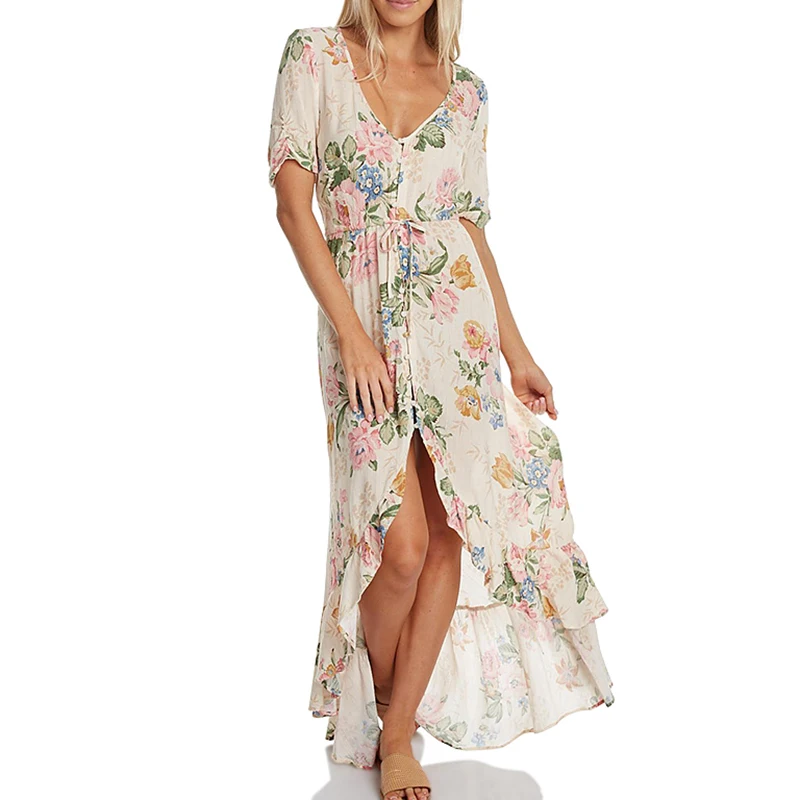 

Vintage Floral Print Maxi Dress Summer Rayon Irregular Ruffles Pleated Drawstring Waist Hippie Chic Boho A Line Shirt Dress HOT