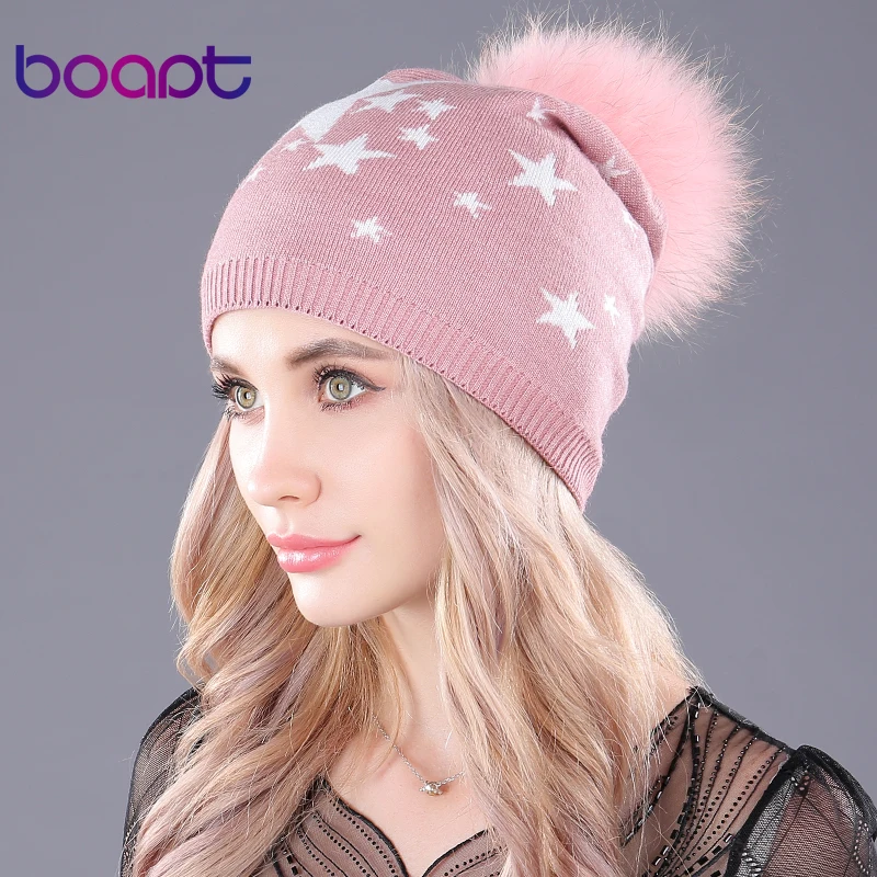 

[boapt] dyeing natural raccoon fur fluffy pompon hats for women's winter female skullies beanies five-pointed stars knitted caps