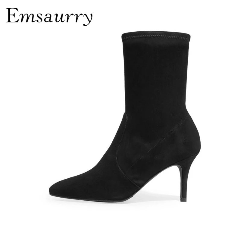 

Quality Suede Ankle Boots Women Sexy Pointed Toe Black Blue Red Thin Heel Slim Runway Botas Mujer Autumn