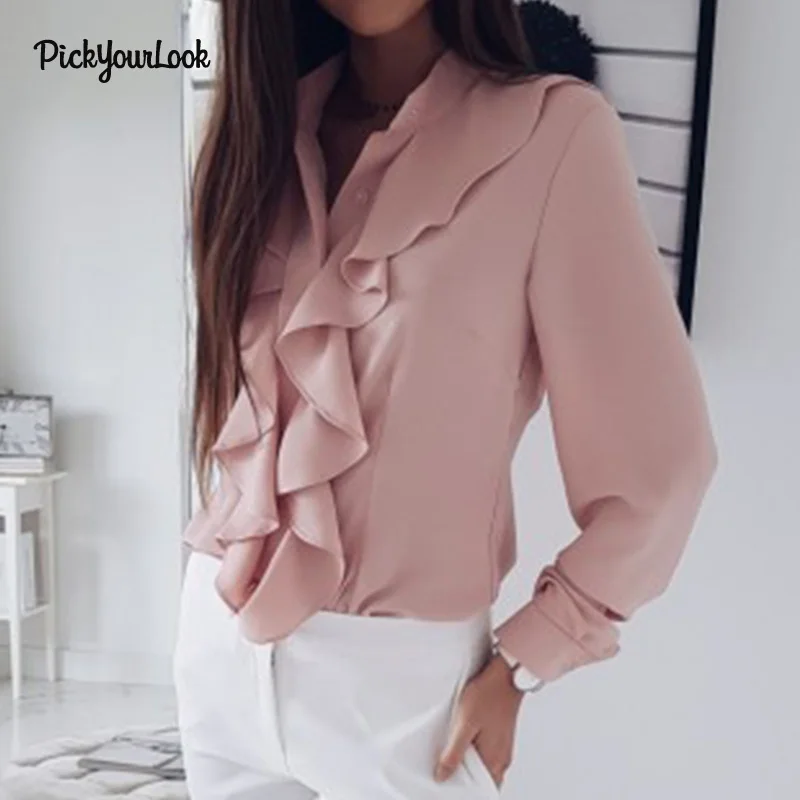 Pickyourlook рюшами Для женщин блузки и рубашки с длинным рукавом с высоким, плотно облегающим шею воротником пуговицами женская футболка осенние модные одноцветные женские Camicette