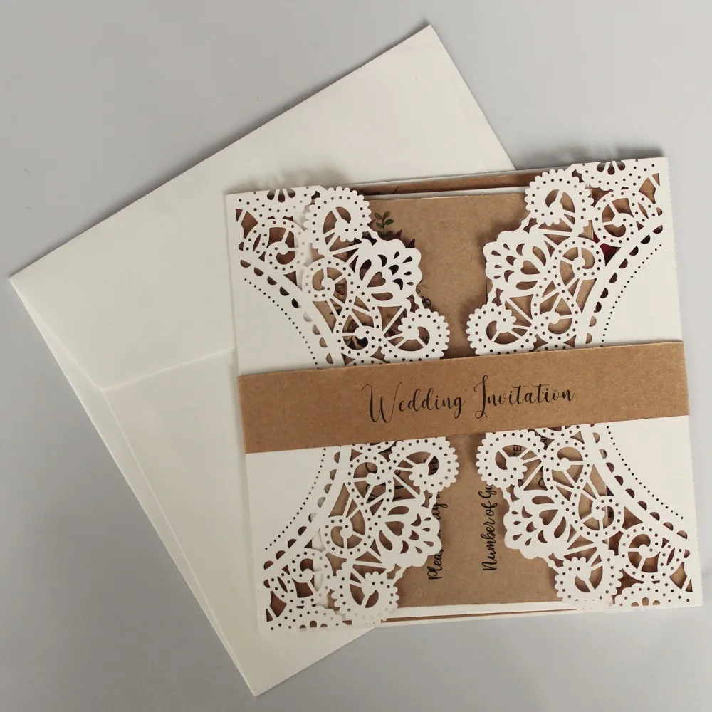 Rustic Wedding Invitation Ivory Lace Wedding Invite Kraft Paper Invitation Cards