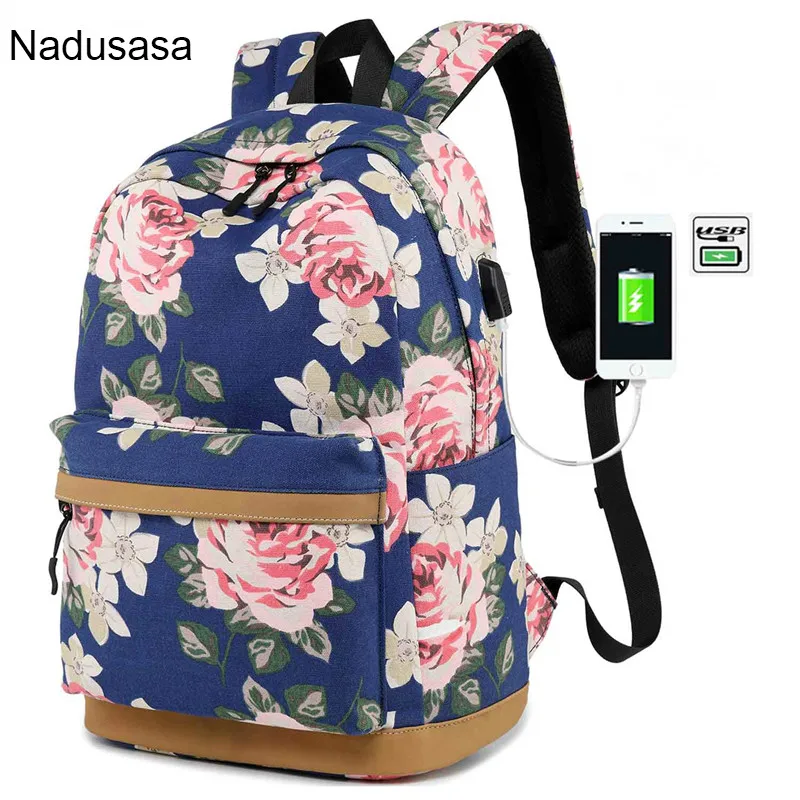 Холщовый женский рюкзак Nadusasa с цветочным принтом школьные ранцы USB-зарядкой для