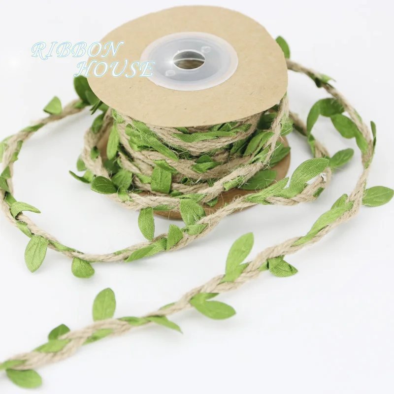 

(5 meters/lot) 5mm Leaf hemp rope braided with green leaves lace home decoration rope handmade garland ribbon