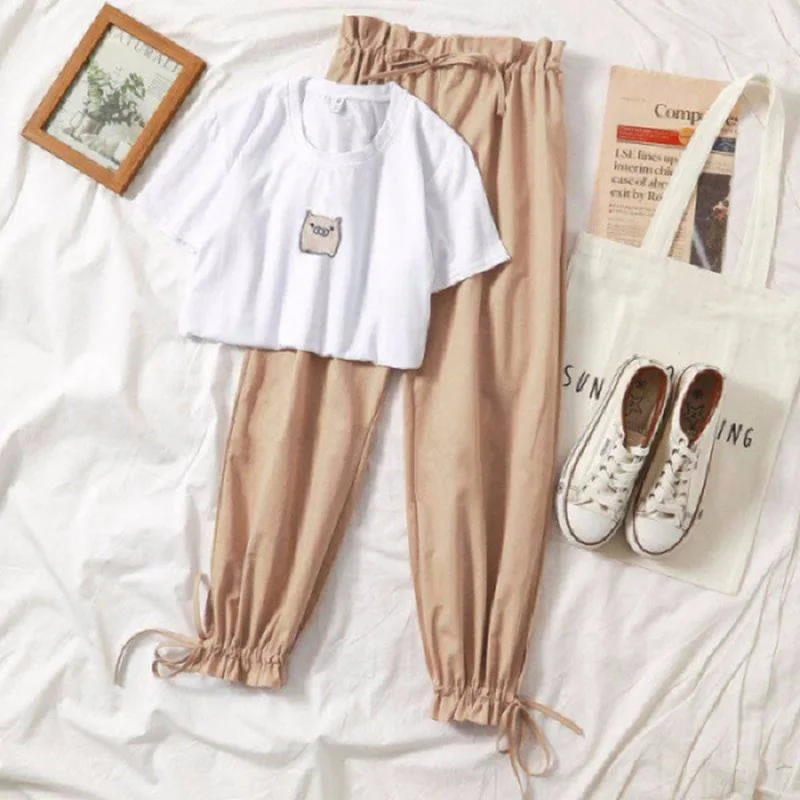 

Two piece set summer clothes for women 2019 new dresy damskie fashion casual wide leg pants pig print t shirt 2 piece set women