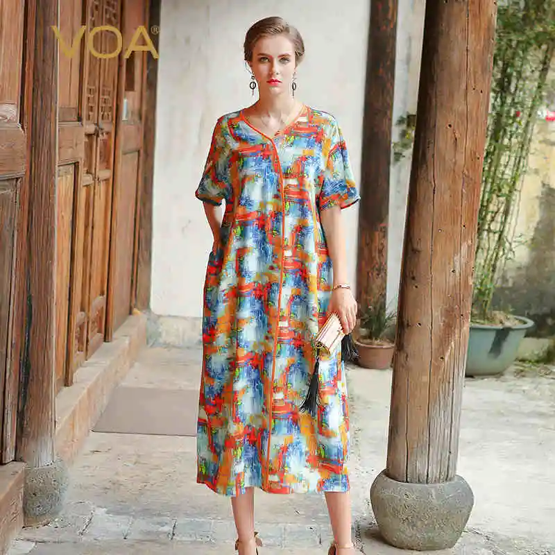 VOA 2018 Zomer Korte Mouw V-hals Zijde Multicolor Boho Lange Jurk Plus Size Losse Comfort Casual Vrouwen Maxi Jurk A7031 VOA 2018 Zomer Korte Mouw V-hals Zijde Multicolor Boho Lange Jurk Plus Size Losse Comfort Casual Vrouwen Maxi Jurk A7031