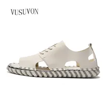 Мужские сандалии натуральный спилок, кожа Для мужчин на шнуровке пляжный обувь бренда Для мужчин повседневная обувь Домашние тапочки модная летняя обувь; вьетнамки