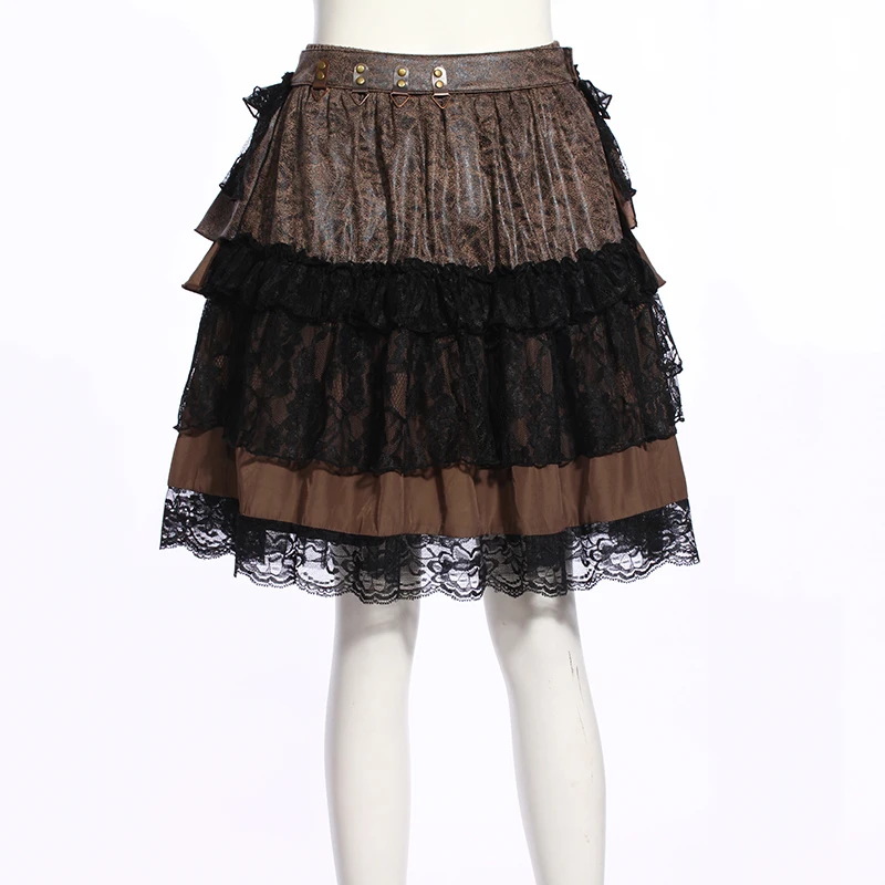 Punk Removable PU Leather Women Skirts Steampunk Gothic Short Lace