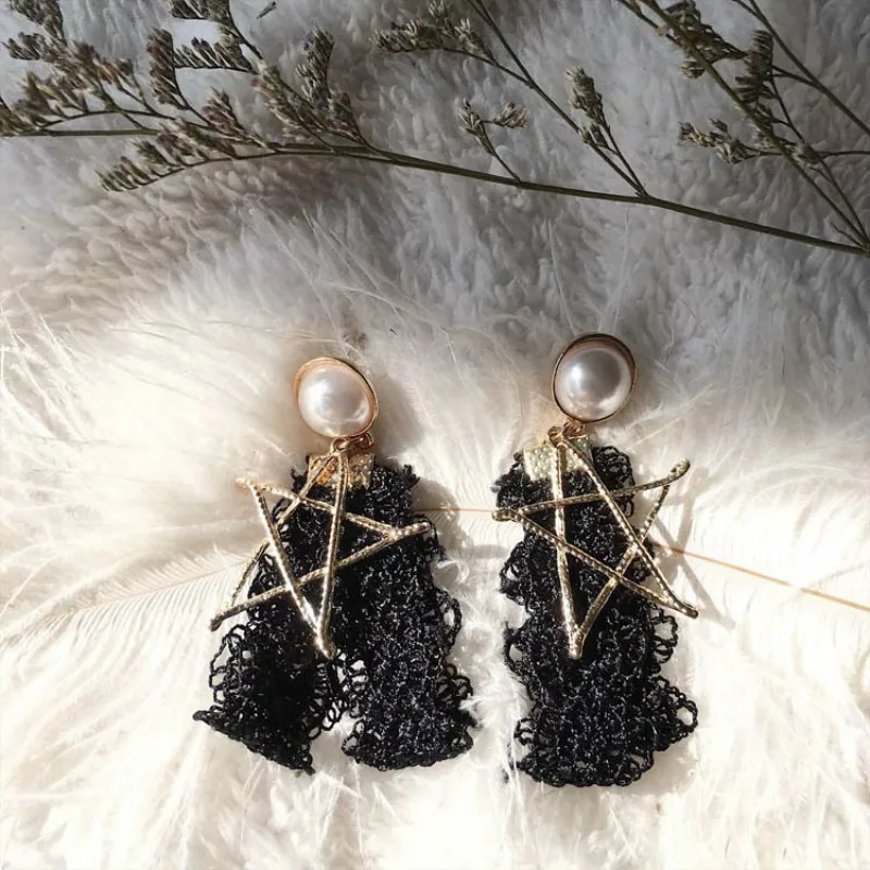 

2017 new ladies lace lace double-layered fabric imitation pearl women's earrings jewelry wholesale