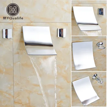 

Polished Chrome Lavatory Sink Basin Faucet Two Handles Wall Mount Waterfall Washbasin Mixer Taps