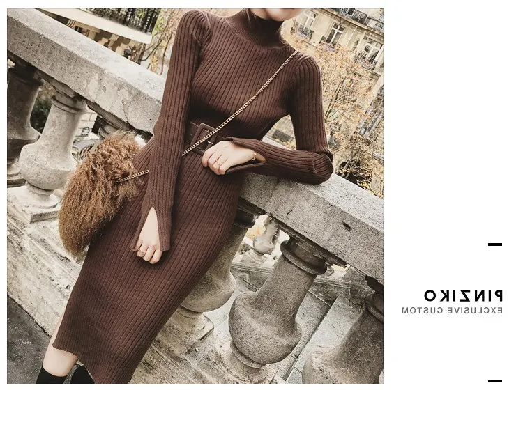 Women split side Sweater Dress 2018 Fall Winter Long Sexy Bodycon Dresses with belt Skinny Knitted Dress (8)