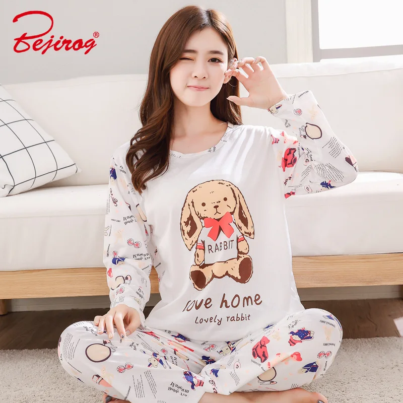 Bejirog women pajamas set causal long sleeved nightwear dog print