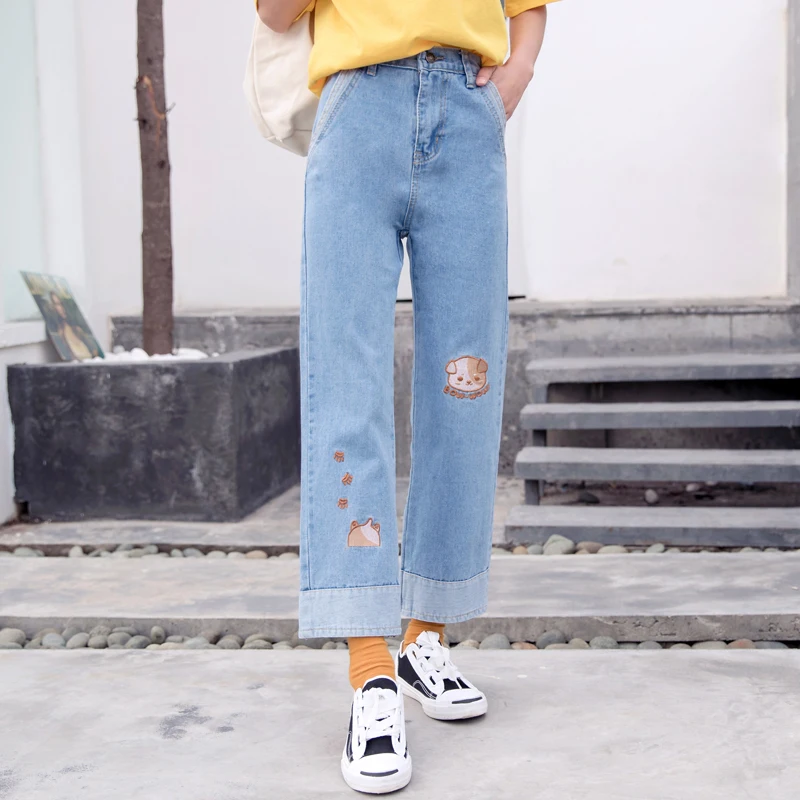 

Harajuku Cotton High Waist Curled Women Cute Cartoon Embroidery Girls Denim Jeans Sweet Puppy Student Denim Long Pants