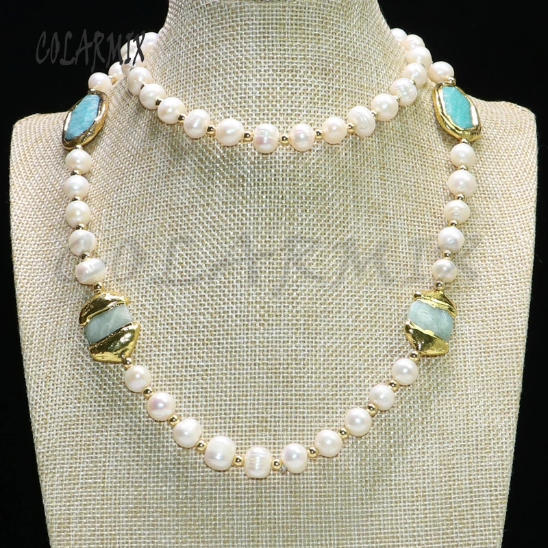 

Natural pearls strand necklace natural pearls &gold color plated blue stone necklace long pearl strand gift for lady 9061
