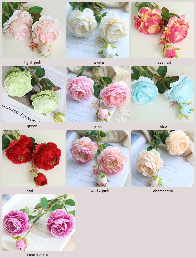 JAROWN European Rose 3 Head Peony Simulation Silk Flower Wedding DIY Accessories Home Decoration Flowers)