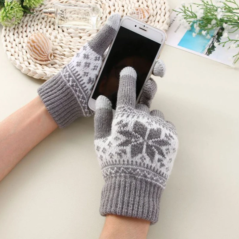 Мужские/женские вязаные перчатки с сенсорным экраном для девочек, женские зимние осенние толстые вязаные стрейч-перчатки с принтом снежинки
