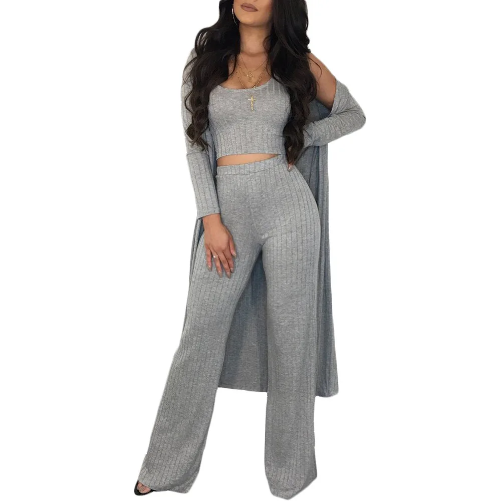 Ribbed Women Outfits Long Sleeve Cardigan Kimono Coat + Tank Crop Top